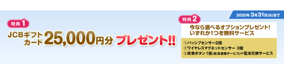 特典1 JCBギフトカード25,000円分プレゼント 特典2 今なら選べるオプションプレゼント！いずれか一つを無料サービス