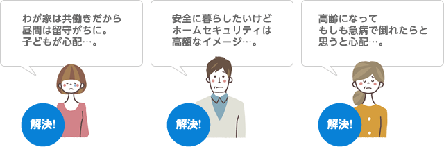 わが家は共働きだから昼間は留守がちに。子どもが心配…。 安全に暮らしたいけどホームセキュリティは高額なイメージ…。 高齢になってもしも急病で倒れたらと思うと心配…。解決!