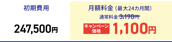 初期費用247,500円 月額料金（最大24カ月間）通常料金3,190円がキャンペーン価格1,100円
