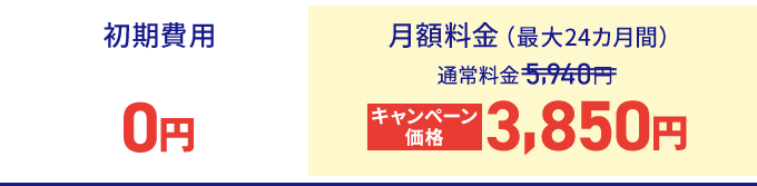 初期費用0円 月額料金（最大24カ月間）通常料金5,940円がキャンペーン価格3,850円